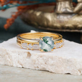 Round Cut Moss Agate Solitaire Ring with Wedding Band Bridal Set